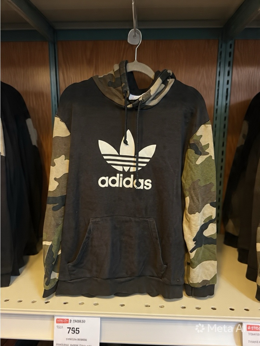 adidas Black Crewneck Hoodie with Green Camo Sleeves